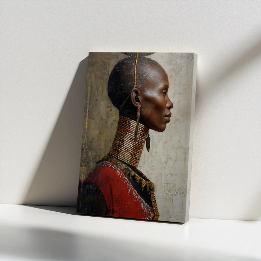 African Woman Canvas Wall Art | Realistic Tribal Portrait with Beaded Collar | Premium Gallery Wrapped Canvas | Modern Home & Office Decor Gift
