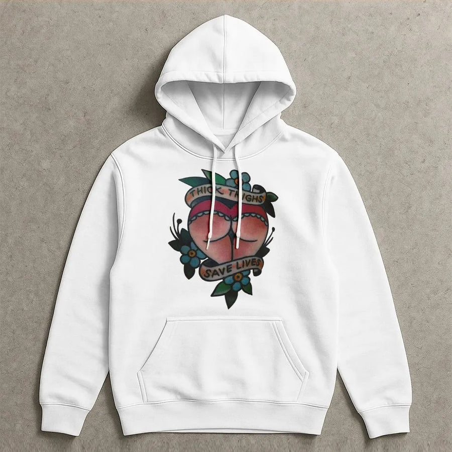Thick Thighs Save Lives Hoodie | Neo-Traditional Tattoo Flash Art | Premium Cotton Blend Sweatshirt | Funny Gift for Her & Streetwear Lovers
