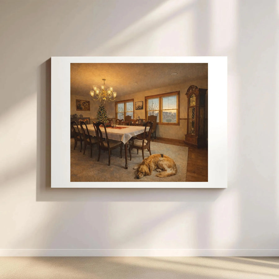 Golden Retriever Christmas Canvas Art | Cozy Holiday Dining Room Scene | Premium Gallery Wrap Print | Festive Home Decor Gift for Dog Lovers