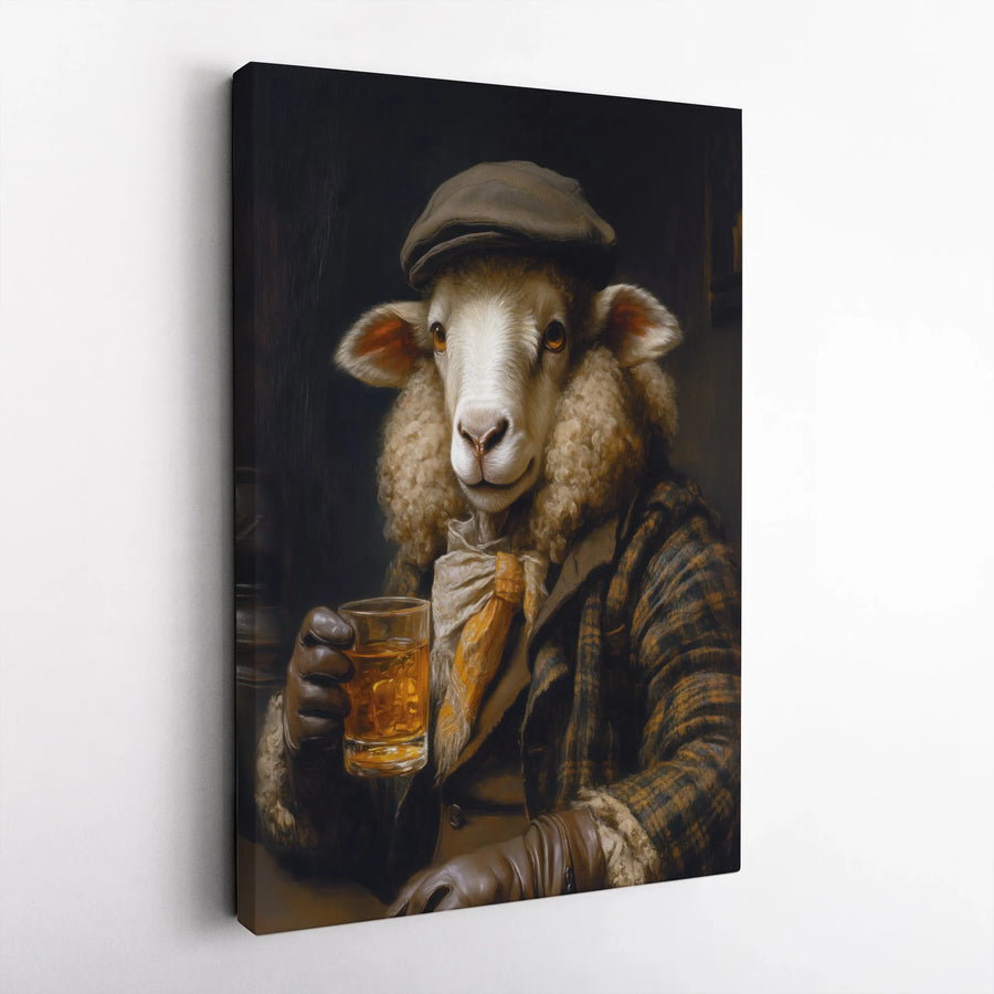 Dapper Sheep Whiskey Portrait Canvas | Victorian Farmhouse Wall Art | Premium Gallery Wrapped Print | Unique Gift for Bar Decor Enthusiasts