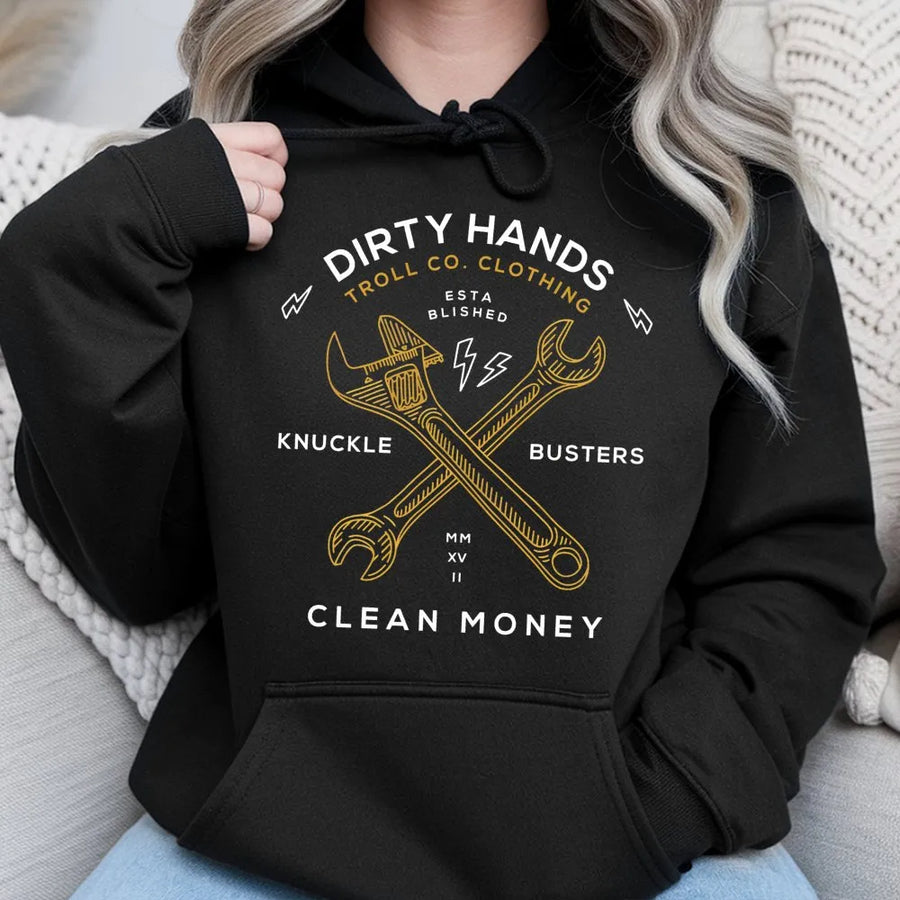 Dirty Hands Clean Money Hoodie | Mechanic Wrench Graphic Design | Premium Cotton Blend | Gift For Blue Collar Worker Mechanic Dad