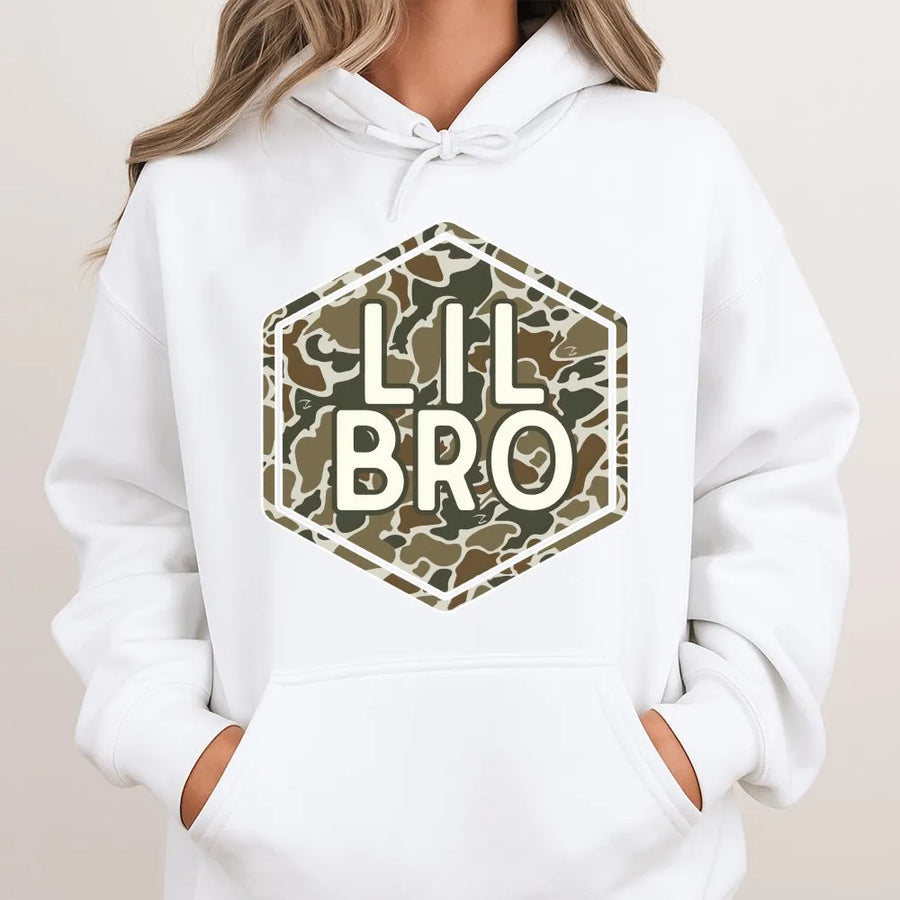 Lil Bro Camo Hoodie | Hexagon Graphic Sweatshirt | Premium Cotton Blend | Matching Sibling Gift for Little Brother