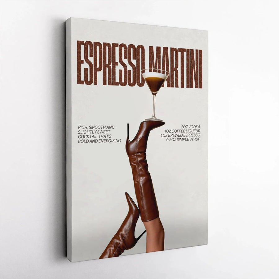 Espresso Martini Recipe Wall Art | Chic Fashion High Heel Canvas | Premium Bar Cart Decor | Aesthetic Kitchen & Cocktail Lover Gift