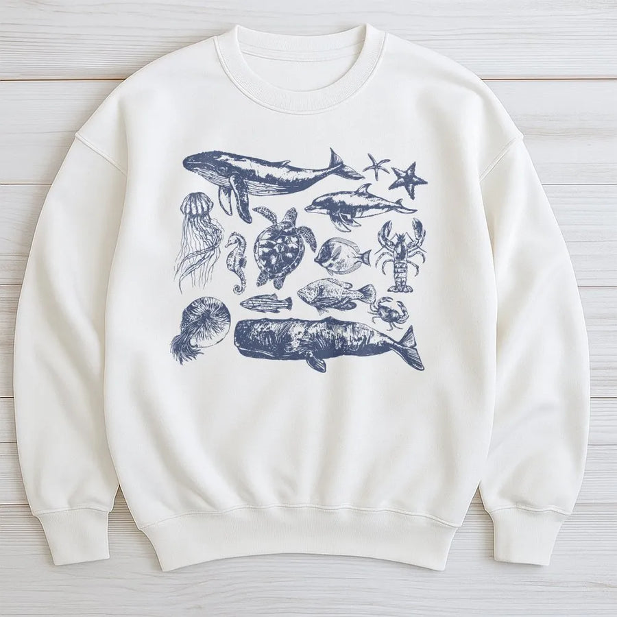 Vintage Sea Animals Sweatshirt | Marine Life Scientific Illustration | Premium Cotton Blend | Gift for Ocean Lover
