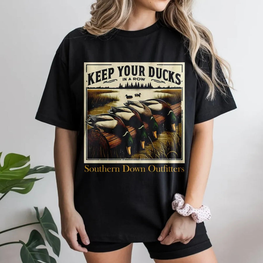 Duck Hunting T-Shirt | Keep Your Ducks In A Row Nature Graphic | Premium Soft Cotton | Outdoor Wildlife Gift For Men & Hunters