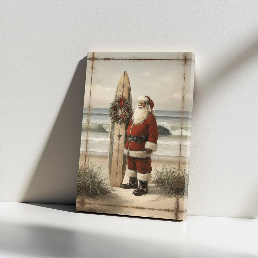 Coastal Santa Claus Canvas Wall Art | Vintage Surfing Santa Decor | Premium Gallery-Wrapped Print | Christmas Gift for Beach Lovers