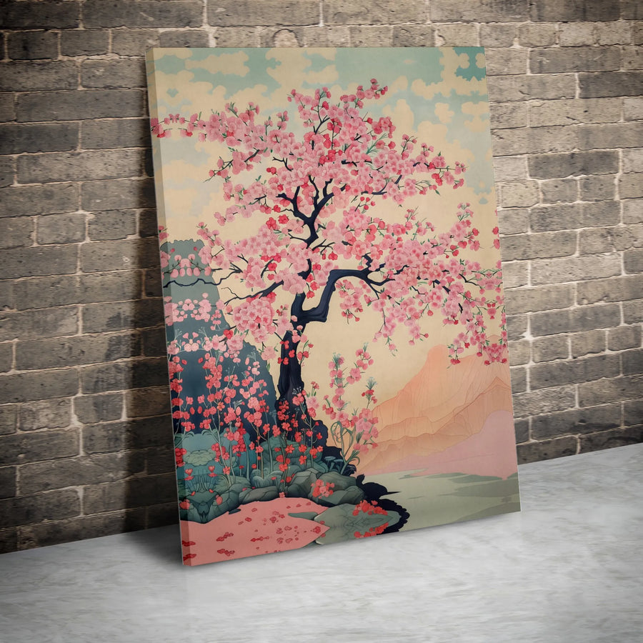 Japanese Cherry Blossom Canvas Art | Ukiyo-E Inspired Sakura Landscape | Premium Fade-Resistant Print | Elegant Home Decor Wall Hanging