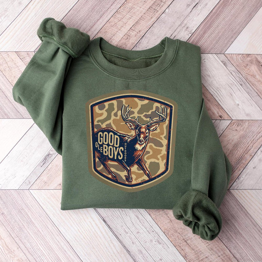Good Ole Boys Outdoors Sweatshirt Buck Deer Graphic With Camo Shield Southern Hunting Sweatshirt For Country Men
