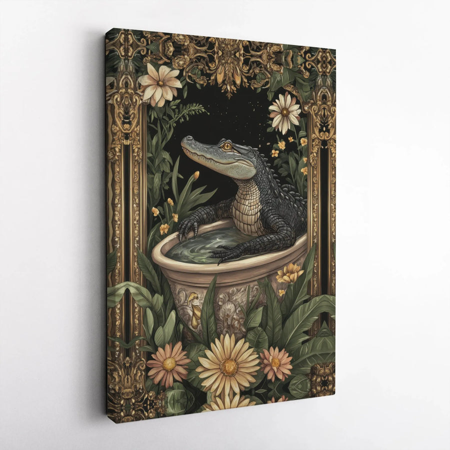 Alligator in Bathtub Canvas Wall Art | Whimsical Vintage Botanical Print | Premium Gallery Wrapped Canvas | Maximalist Bathroom Decor Gift