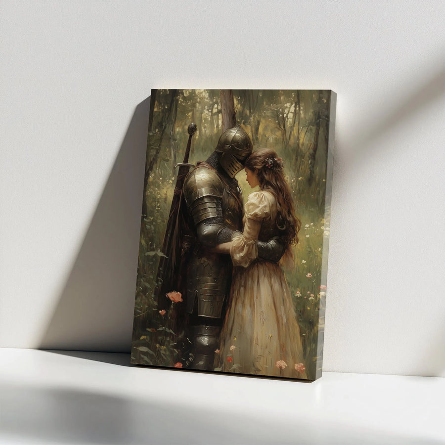 Knight and Maiden Canvas Wall Art | Romantic Medieval Forest Painting | Premium Gallery Wrapped Canvas | Fantasy Lover Gift for Home Decor