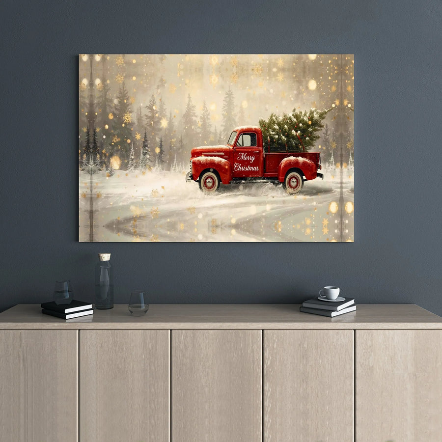 Merry Christmas Red Truck Canvas Print | Snowy Winter Forest Scene | Premium 1.25-Inch Gallery Wrap | Festive Holiday Farmhouse Wall Art Decor