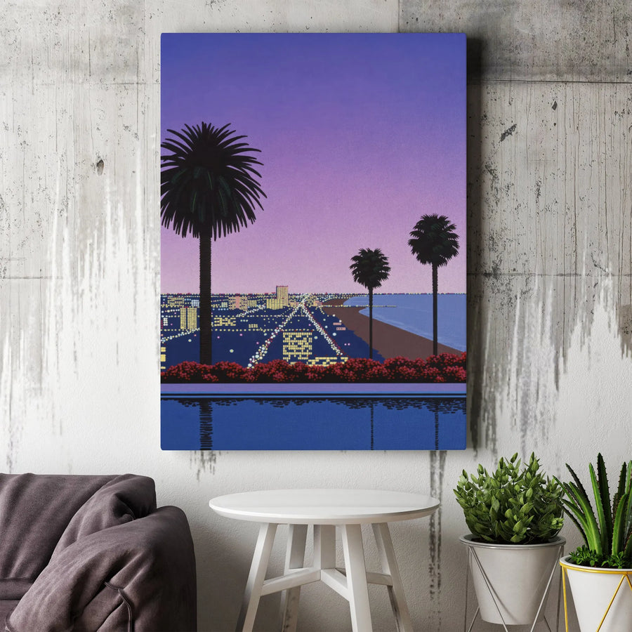 Vaporwave Cityscape Vertical Canvas | Retro Coastal Night Scene with Palm Trees | Premium 1.25" Thick Print | 80s Aesthetic Game Room Wall Decor Gift