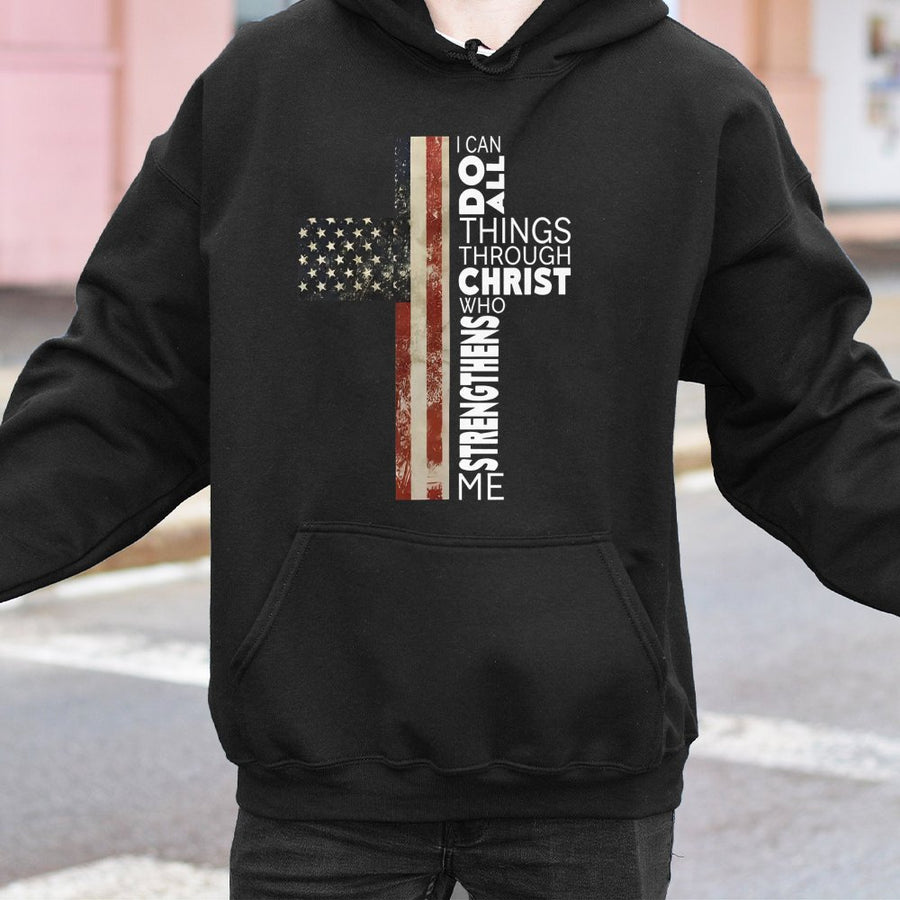 American Flag Cross Hoodie | I Can Do All Things Through Christ Verse | Premium Cotton Blend | Christian Religious Faith Gift for Men and Women