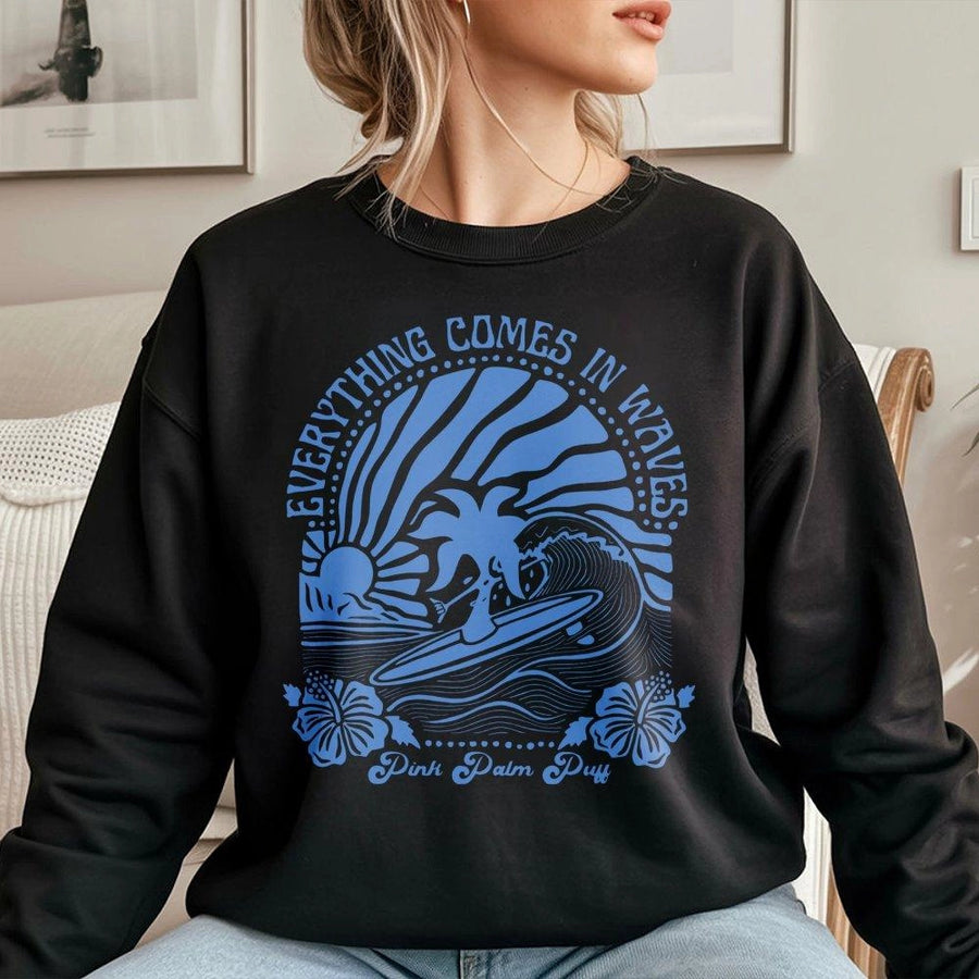 Surfing Graphic Sweatshirt | Retro Tropical Beach Waves Design | Premium Cotton Blend Crewneck | Coastal Aesthetic Gift For Surfers