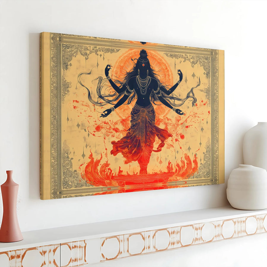 Lord Shiva Cosmic Dance Horizontal Canvas | Hindu Deity Silhouette Wall Art, Mystic Gold Orange Fire Design | Fade-Resistant High-Resolution Ink, Premium Frameless Wrap | Spiritual Meditation Gift