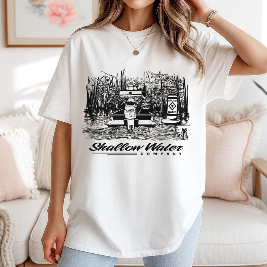 Shallow Water Company Fishing T-Shirt | Bass Boat Swamp Design | Premium 100% Cotton Tee | Gift for Outdoorsmen & Anglers