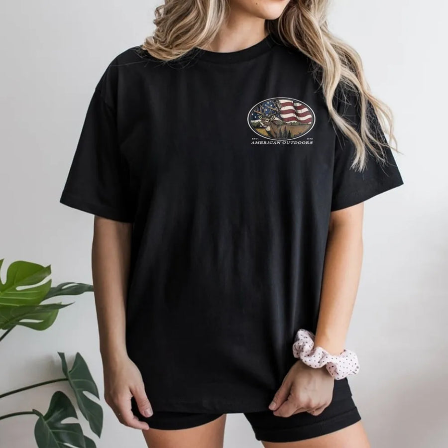 American Outdoors Deer T-Shirt | Patriotic Buck & Flag Graphic | 100% Cotton Premium Tee | Wildlife Hunting Gift for Outdoorsmen