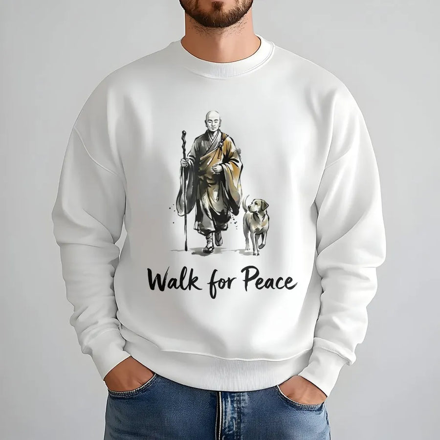 Walk For Peace Zen Monk Sweatshirt | Minimalist Buddhist Art Graphic | Premium Cotton Blend | Spiritual Gift for Mindfulness and Yoga Enthusiasts