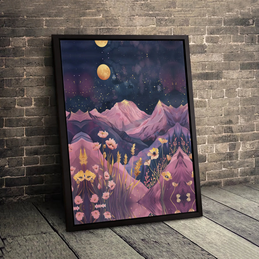 Mystical Mountain Canvas Wall Art | Surreal Poppies and Dual Moon Landscape | 1.25 Inch Gallery Wrap | Premium Home Decor Print