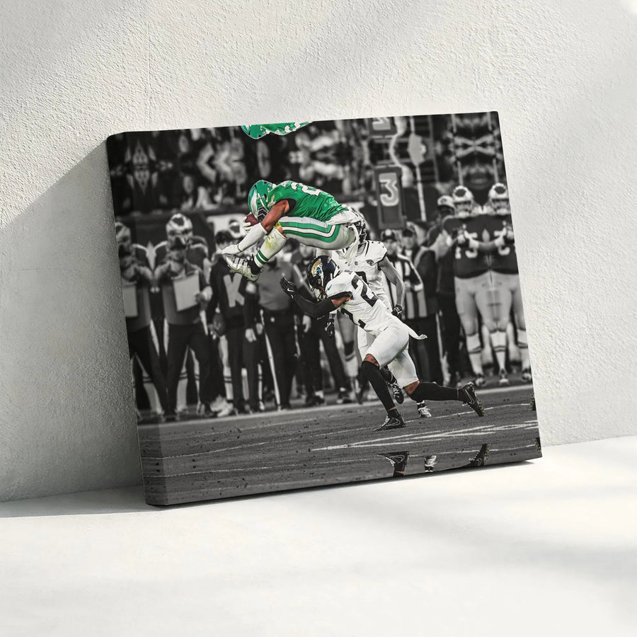 College Football Action Canvas Print | Iconic Hurdle Play Selective Color | Gallery-Quality Premium Wrapped | Sports Wall Art for Fan Cave