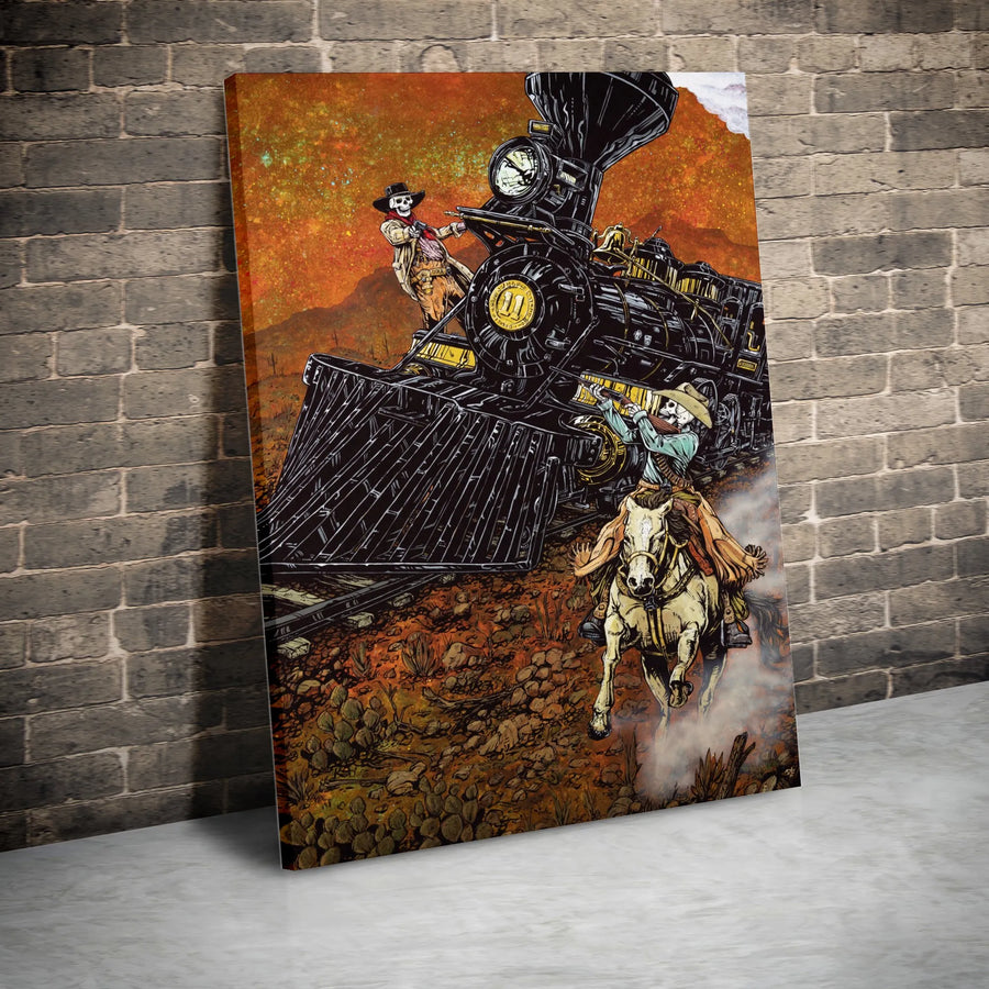 Western Skeleton Train Heist Canvas | Dia de los Muertos Outlaw Art | Premium Gallery Wrapped Canvas | Collector's Gift for Western & Gothic Decor
