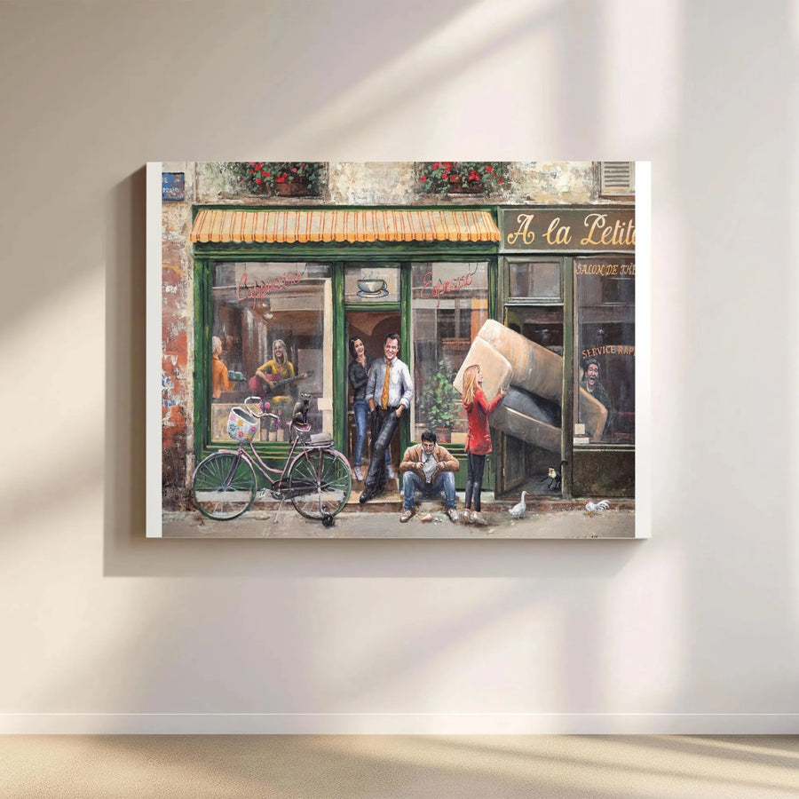 Parisian Street Cafe Canvas Print | Surrealist Coffee Shop Scene | Gallery Wrapped Premium Wall Art | Aesthetic Home Decor For Coffee Lovers