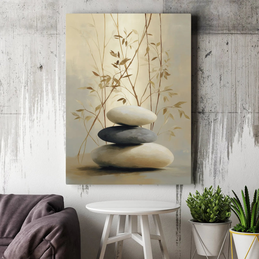 Zen Stacked Stones Vertical Canvas | Minimalist Bamboo Painting Wall Art | Premium Thick Gallery Wrap Canvas | Meditation Room Decor Gift
