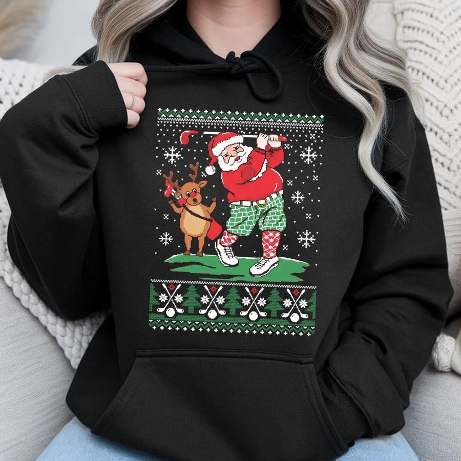 Santa Golf Ugly Christmas Hoodie | Funny Reindeer Golfer Graphic | Premium Cotton Blend Sweatshirt | Holiday Gift for Golfers Men Women