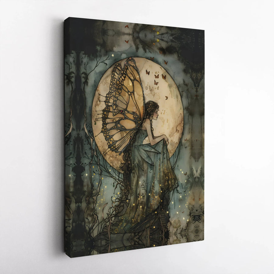 Fairy Wall Art | Monarch Butterfly Wings Moon Canvas Print | Gallery Wrap Home Decor | Magical Fantasy Aesthetic Gift for Her