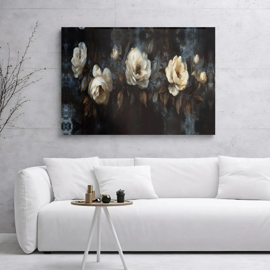 White Floral Canvas Wall Art | Moody Dark Abstract Rose Painting | Premium Gallery Wrapped Decor | Modern Botanical Living Room Gift