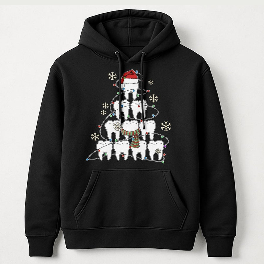 Dentist Christmas Tree Hoodie | Cute Tooth Holiday Graphic Design | Soft Cotton Blend Sweatshirt | Funny Dental Hygienist Gift for Him Her
