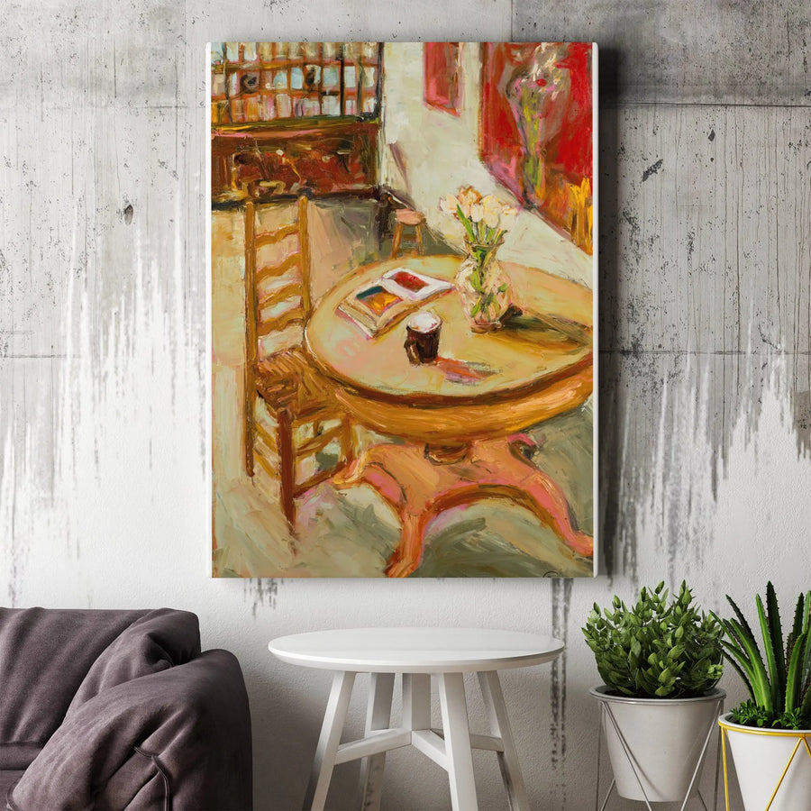Impressionist Still Life Vertical Canvas | Vintage Book and Flower Vase Painting | Premium Gallery Wrapped Canvas | Library Wall Decor Gift for Book Lover