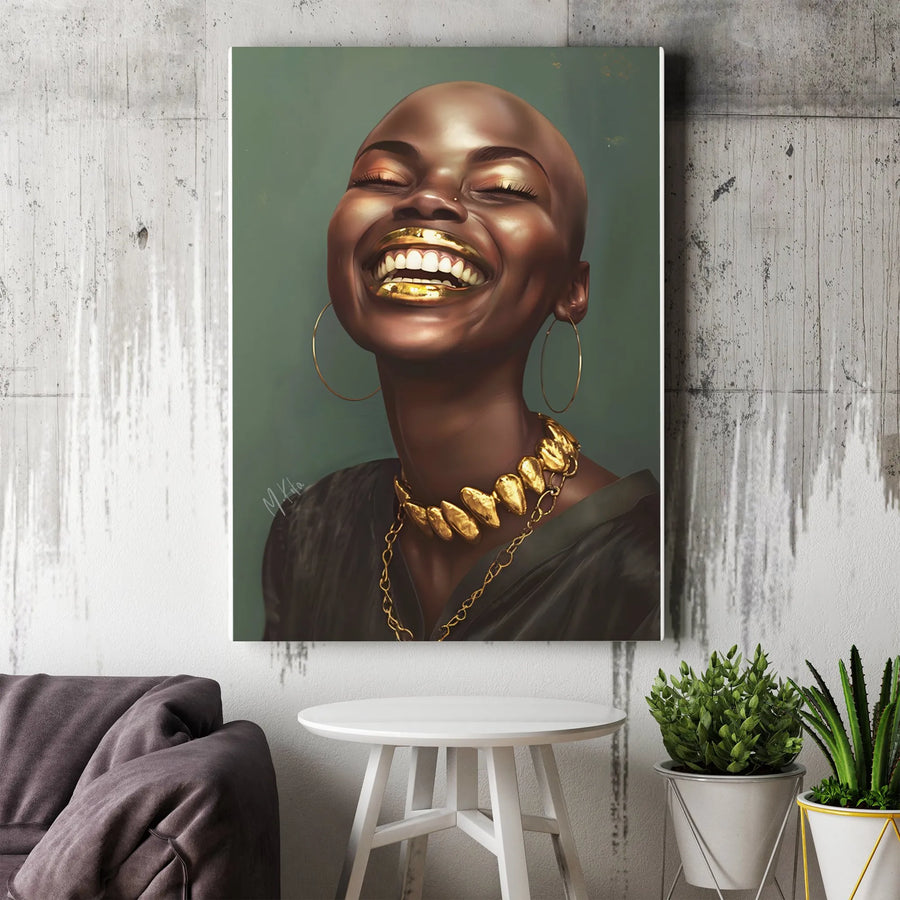 Black Woman Art Print | Joyful Bald Beauty with Gold Jewelry | 1.25" Gallery Wrapped Canvas | Inspiring Home Decor Wall Art