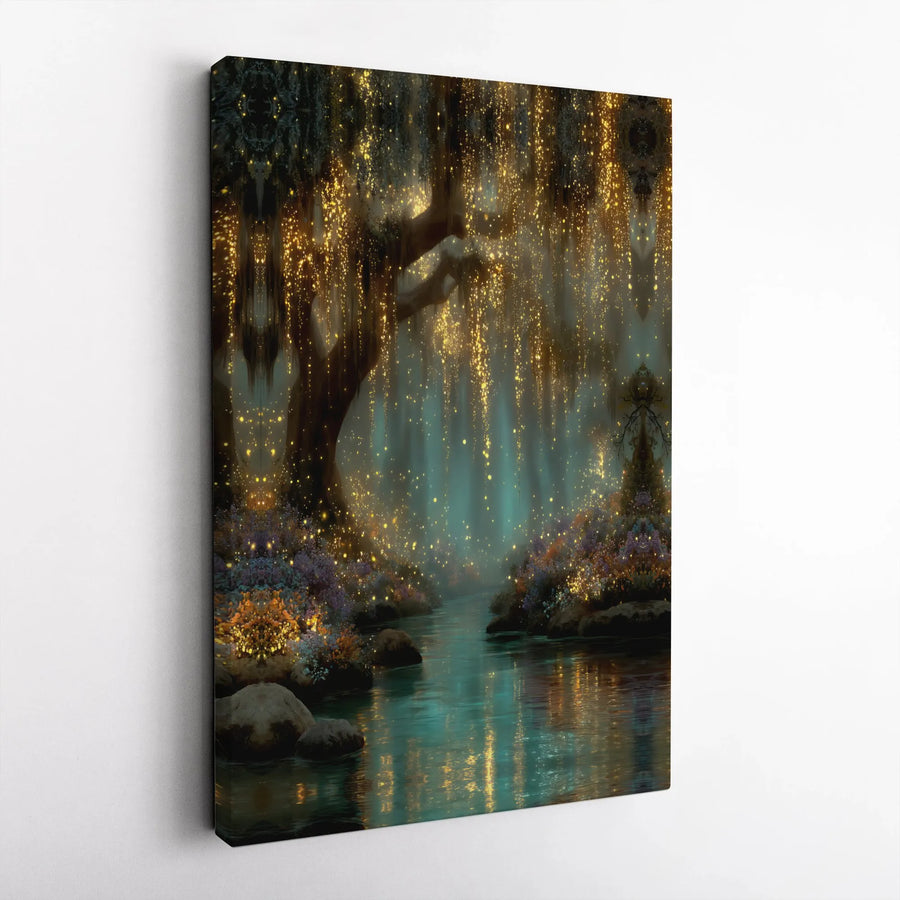 Enchanted Forest Canvas Print | Glowing Willow Tree River Scene | Premium Thick Canvas Art | Ethereal Fantasy Wall Decor Gift