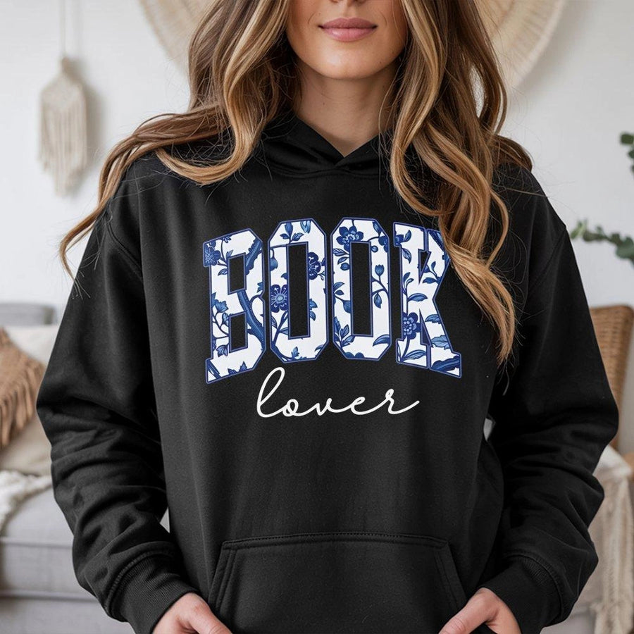 Book Lover Hoodie | Floral Blue Porcelain Aesthetic Design | Soft Cotton-Polyester Blend | Reading Gift for Librarian Teacher and Reader
