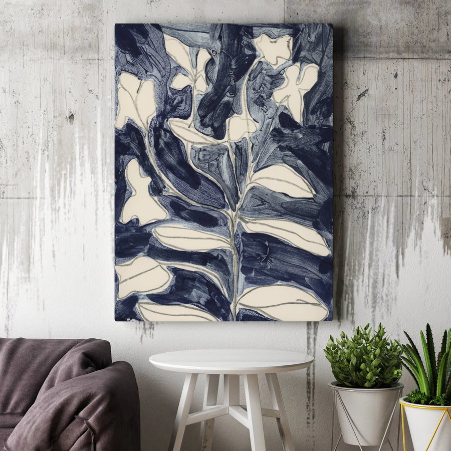 Abstract Indigo Floral Vertical Canvas | Modern Botanical Painting Print | Premium Gallery Wrapped Wall Art | Limited Edition Gift for Home Decor