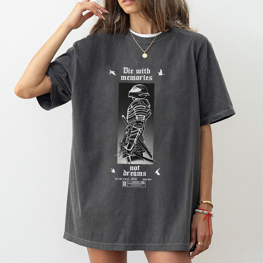 Samurai Warrior Graphic T-Shirt | Die With Memories Not Dreams Quote | 100% Cotton Premium Streetwear | Motivational Japanese Art Gift for Men