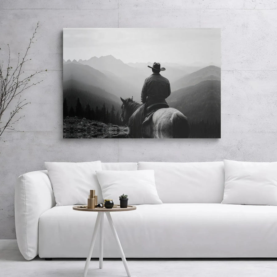 Western Cowboy Wall Art | Black and White Mountain Landscape Canvas | Premium Gallery Wrap Print | Rustic Home Decor Gift for Him