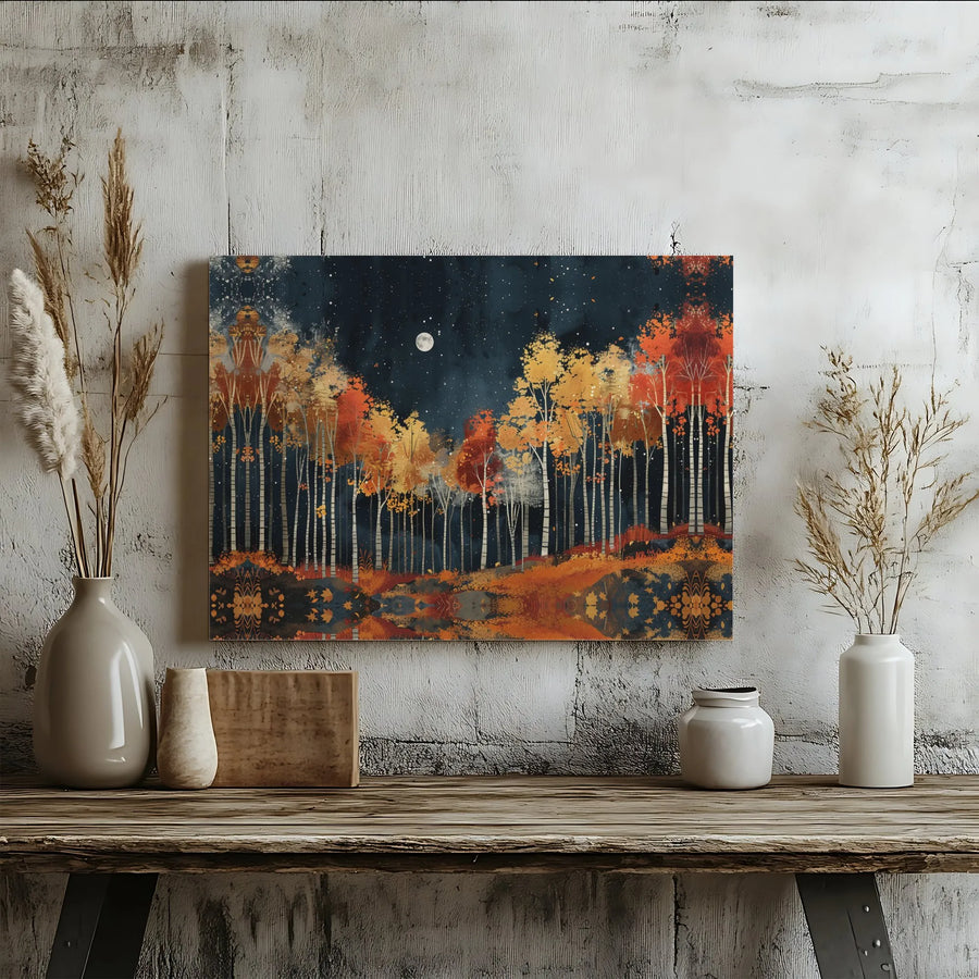 Autumn Forest Wall Art | Moonlit Birch Trees Landscape | Premium Gallery Wrapped Canvas | Moody Fall Nature Decor for Living Room