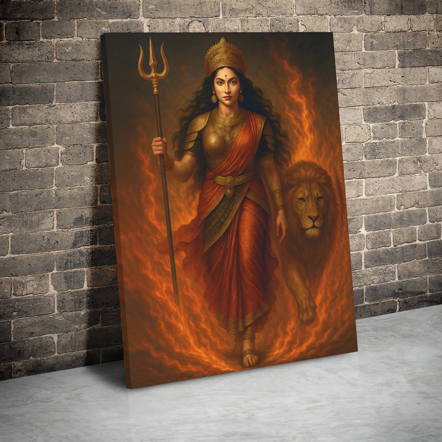 Goddess Durga Wall Art Canvas | Warrior Mother With Lion & Trident | Premium Gallery Wrap Print | Spiritual Home Decor Gift