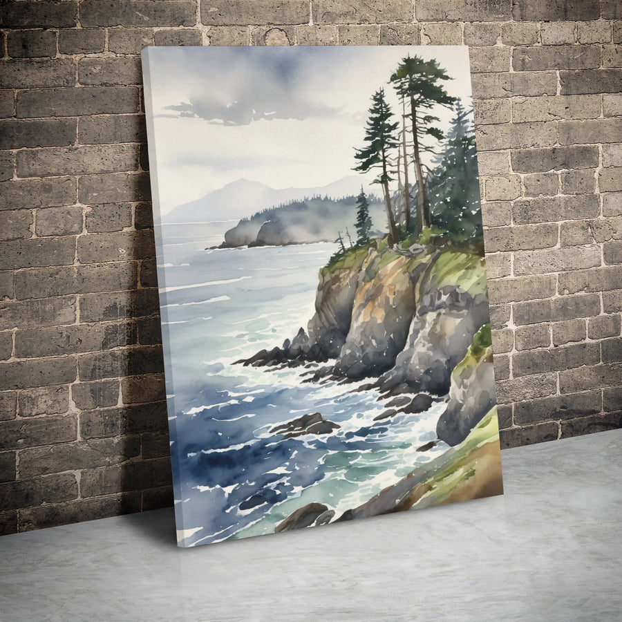 Coastal Landscape Canvas Art | Watercolor Pine Tree Rocky Cliff Print | Premium Gallery Wrap Wall Decor | Nature-Inspired Home Office Gift