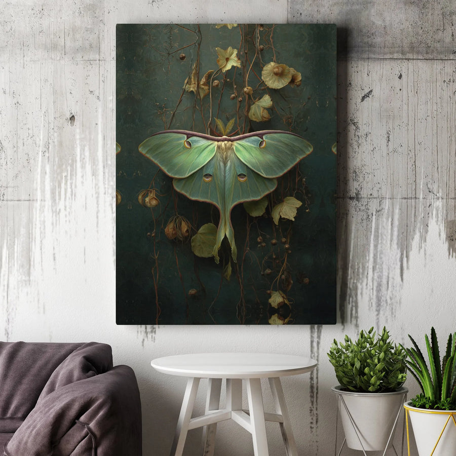 Luna Moth Wall Art Canvas | Dark Botanical Gothic Insect Print | Premium Gallery Wrap Decor | Moody Nature Gift For Entomology Lovers