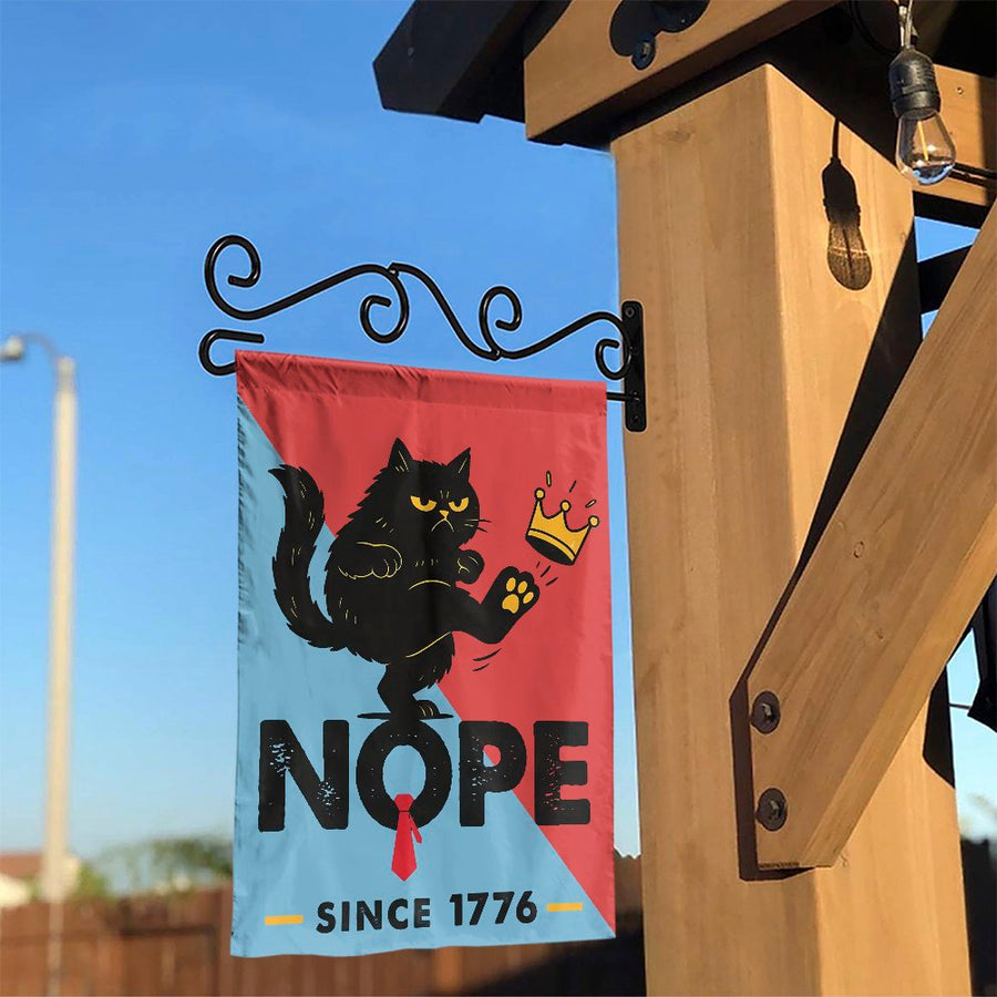 Nope Since 1776 Garden Flag | Funny Grumpy Cat Kicking Crown Design | Premium Weather-Resistant Polyester | Patriotic Humor Outdoor Yard Decor Gift