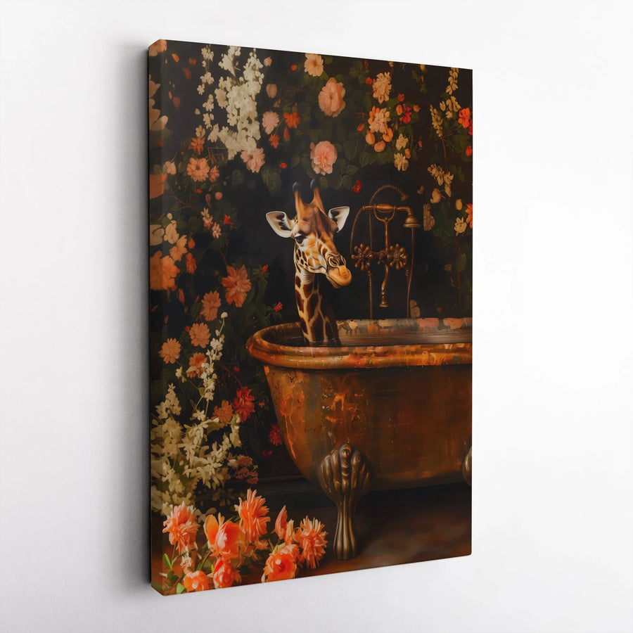 Giraffe in Bathtub Canvas Wall Art | Whimsical Floral Animal Bathroom Decor | Premium Gallery Wrap Print | Unique Gift for Animal Lovers