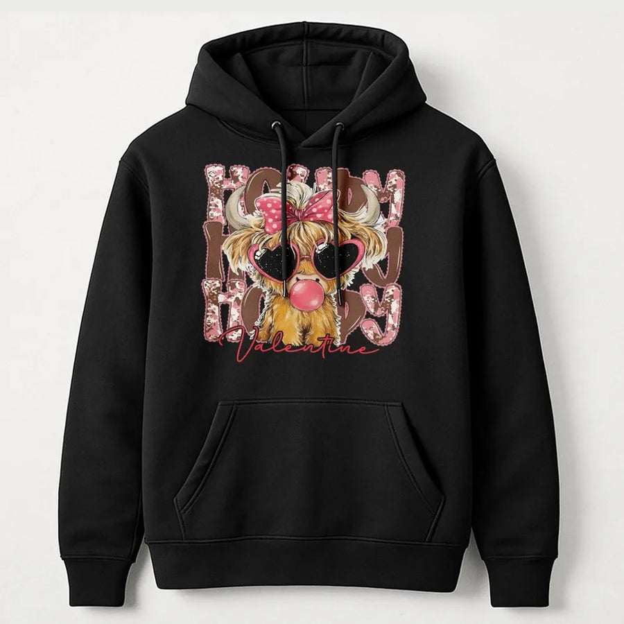 Valentine Highland Cow Hoodie | Cute Howdy Graphic Print | Premium Cotton-Poly Blend | Cozy Gift for Her Valentine's Day Outfit