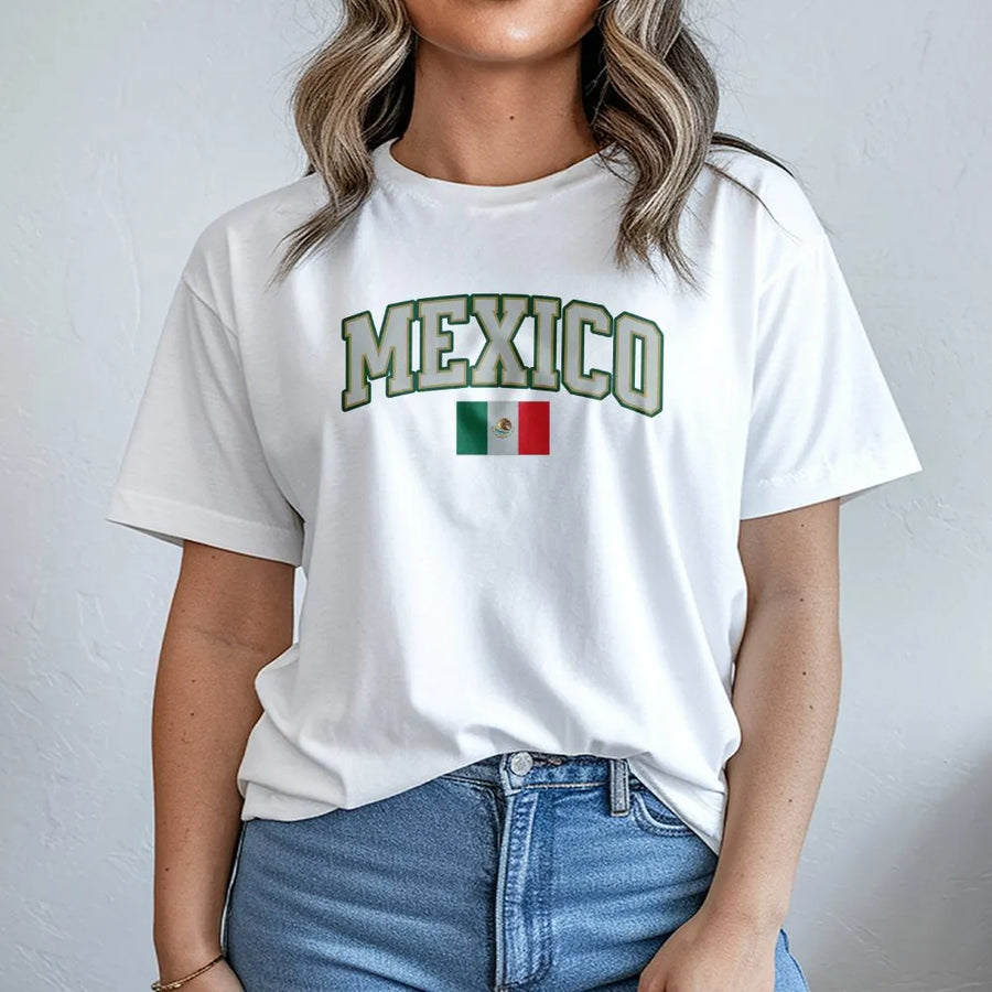 Mexico T-Shirt | Vintage Collegiate Arch Graphic & Flag | Soft Cotton Blend Crewneck | Gift for Mexican Soccer Fan, Patriotic Pride Apparel