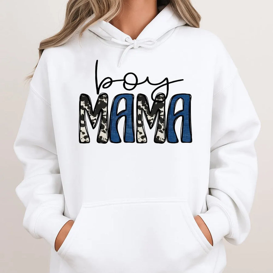 Boy Mama Hoodie | Blue And Cow Print Graphic Design | Premium Cotton-Polyester Blend | Trendy Mother's Day 2026 Gift For New Moms