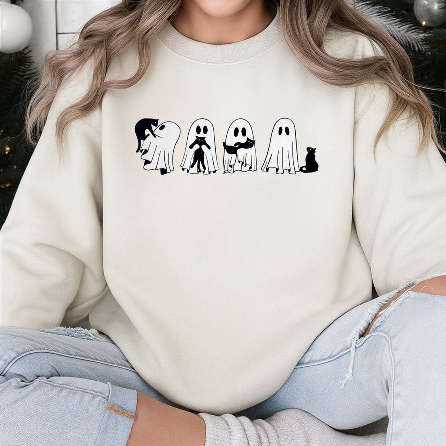 Ghost Cat Crewneck Sweatshirt | Cute Halloween Ghost Pets Graphic | Soft Cotton Blend Unisex Pullover | Spooky Season Gift For Pet Lovers