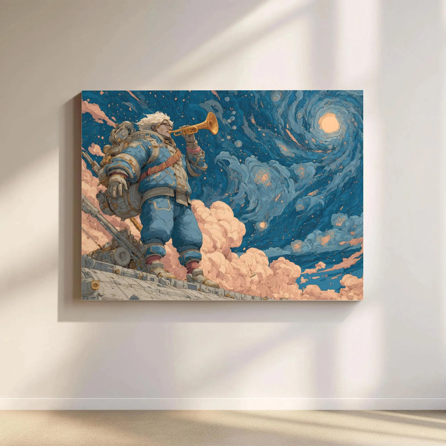 Sci-Fi Astronaut Wall Art | Surreal Trumpet Player Starry Night Canvas | Premium Gallery-Wrapped Print | Unique Home Decor Gift For Music Lovers
