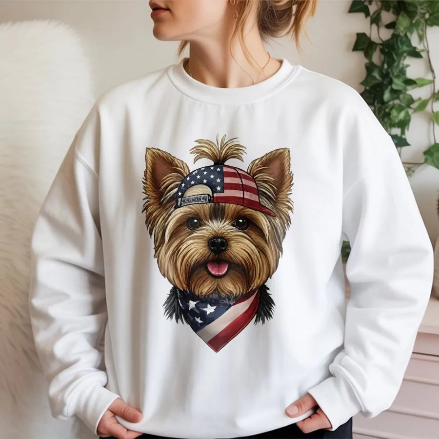 Patriotic Yorkie Sweatshirt | Cute Dog with USA Flag Bandana & Hat | Soft Cotton Blend | 4th of July Gift for Dog Lover